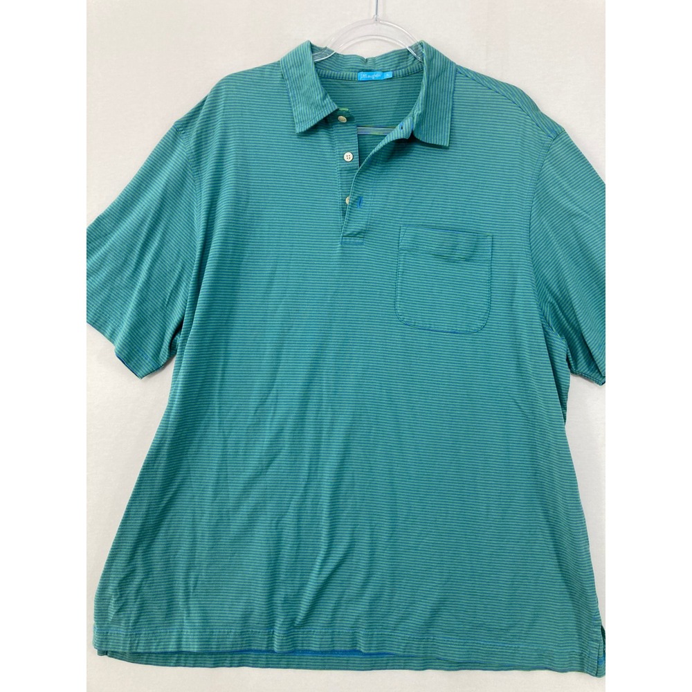 J.‎ McLaughlin Mens Polo Shirt XL Green Blue Striped Pima Cotton Pocket Stretch